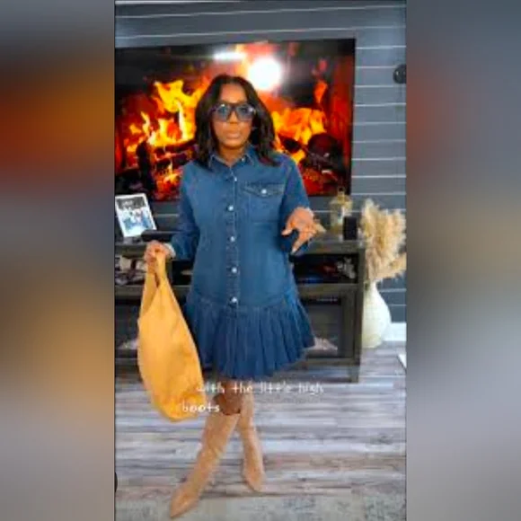 Denim Button-Down Ruffle Hem Dress - Blue - Picture 1 of 5